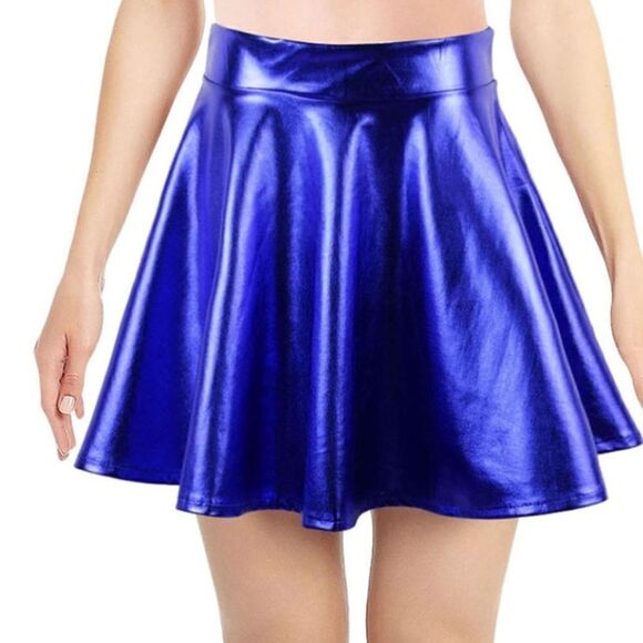 Women’s Shiny Blue Metallic Looking Flared Mini Skirt Size S - Picture 1 of 8